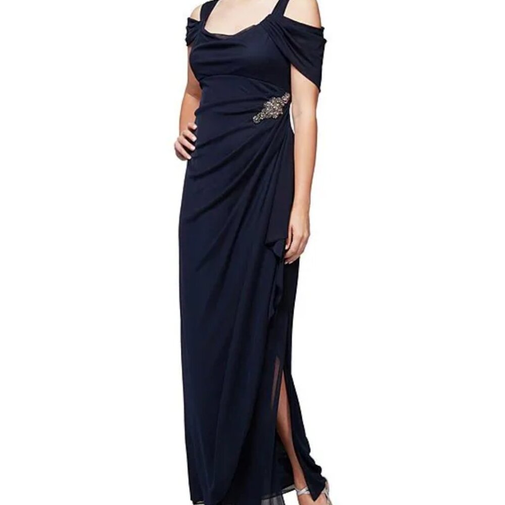 Alex Evenings- Short Sleeve Cold Shoulder Cowl Neck Side Brooch Gown